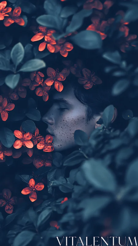 Human face partially obscured by dense foliage and flowers.