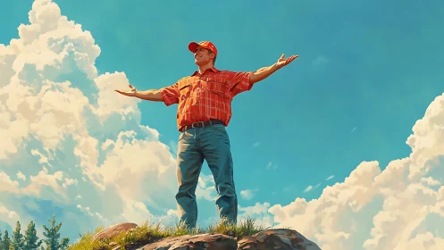 Sky-top dreamer in red cap greeting a cathedral of clouds.