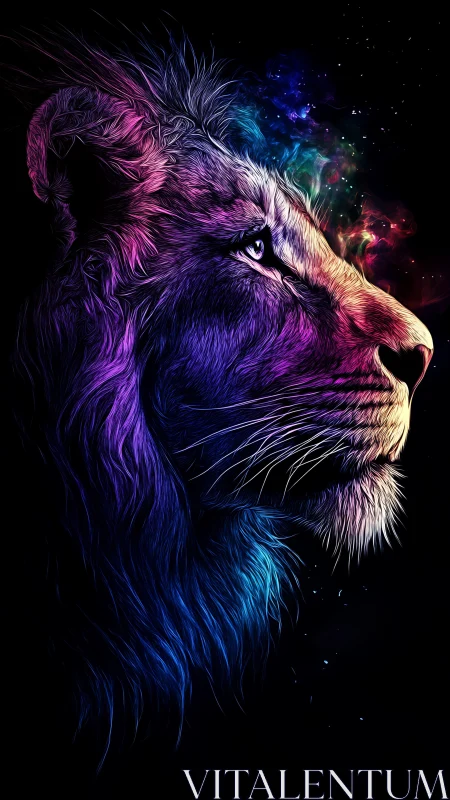 Cosmic lion in neon starlight watching a quiet universe.