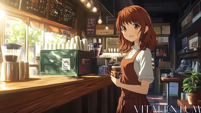 Sunlit anime barista in warmly rendered artisanal café interior.