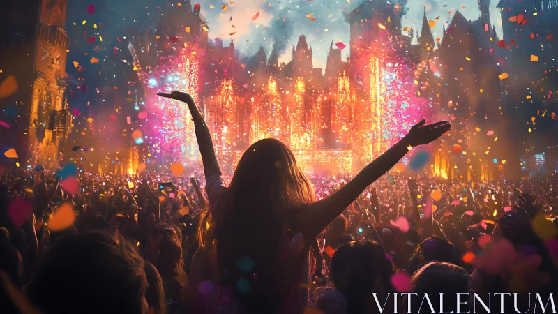 Confetti storms kiss gothic towers as one dancer conducts light