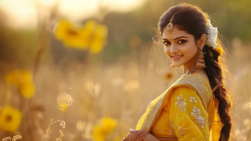Sunlit portrait of woman in yellow sari amid shallow-field blooms