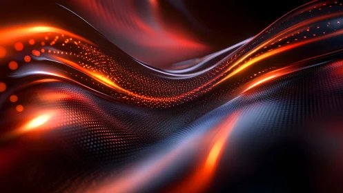 Futuristic flowing wave with glowing orange lights, digital abstract art.
