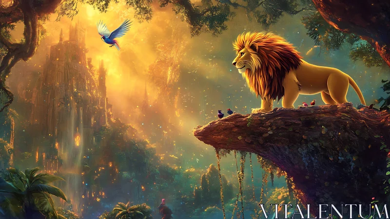 Golden forest lion keeping gentle watch over a glowing realm.