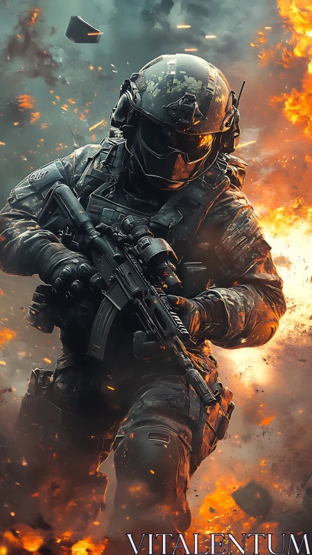 Tactical operator sprinting through high-impact firestorm scene.