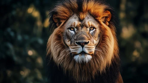 Regal male lion stares forward in warm rim light.
