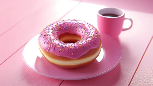 Pink Frosted Donut with Coffee on Pretty Morning.