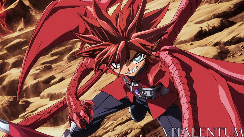 Red armored anime warrior crouched on rocky battlefield.