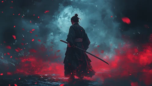 Lone samurai strides into blood red mist under storm moon