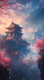 Mountain temple complex under glowing sky and blossoms.