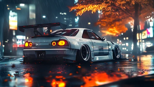 Modified white sports car sits in rainy neon city street
