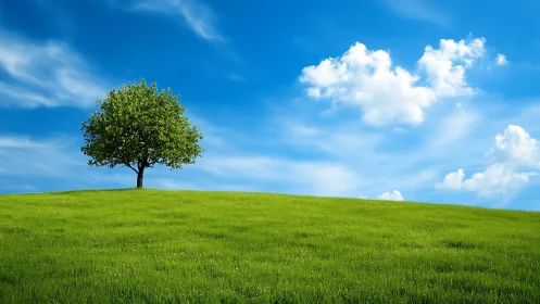 Lone tree on green hill under vibrant blue sky, tranquil landscape.