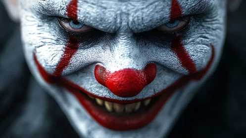 Nightmarish clown close-up with sinister crimson streaks.