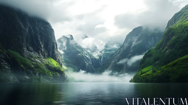 Misty fjord with steep green cliffs and calm water surface.