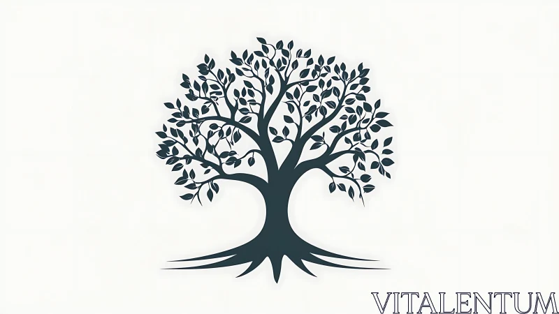 Stylized tree silhouette unfurls graceful branches and roots.
