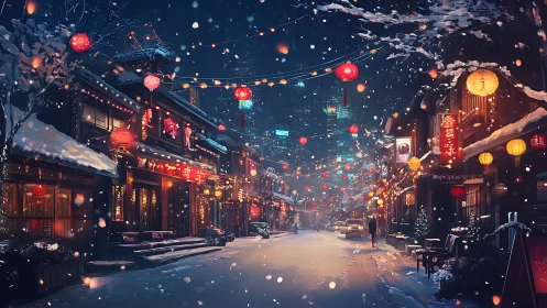Snowy lantern-lit Asian street captures cinematic nocturnal calm