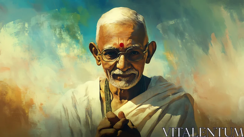 Serene elder in saffron light, wrapped in quiet wisdom.