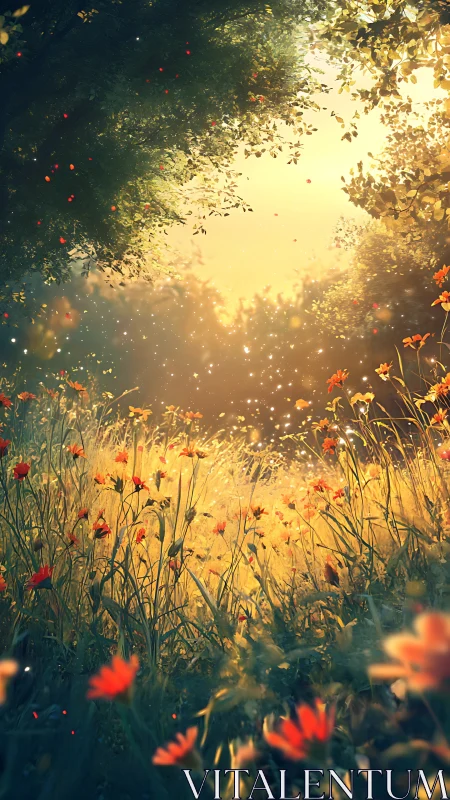 Sunlit wildflower glade with floating pollen motes.