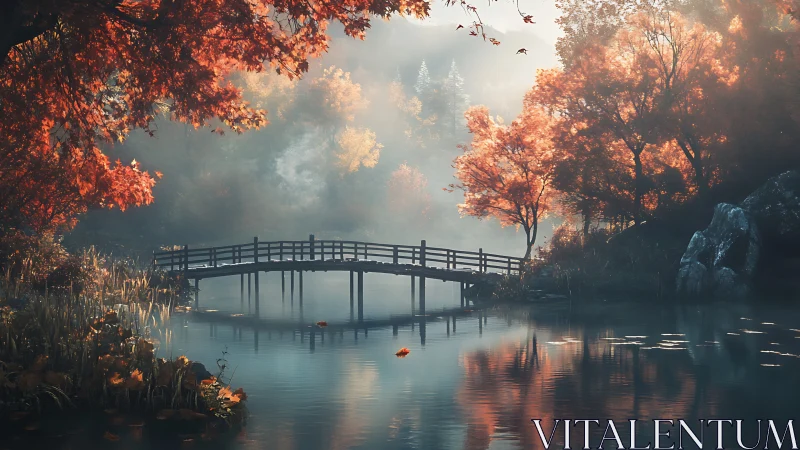 Whispered autumn bridge over mist-kissed forest lake dream.