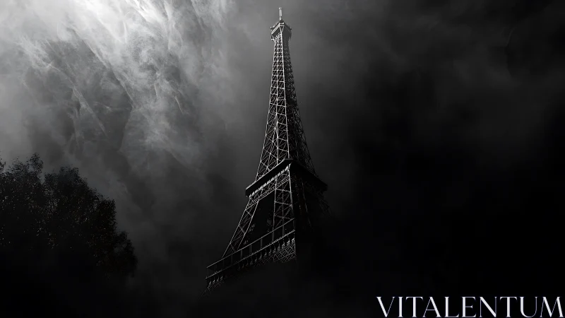 Eiffel Tower rising through dense dark clouds at night.