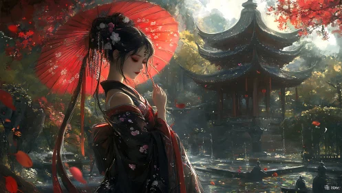 Woman with red parasol before traditional pavilion at pond.