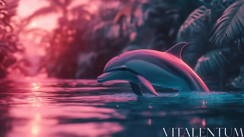 Neon-lit dolphin gliding through tropical lagoon at dusk.