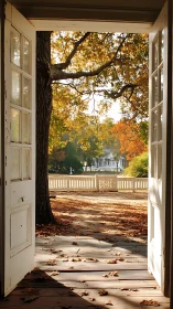 Open doorway framing autumn yard with trees and house.