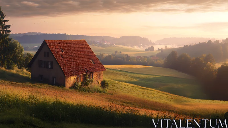 Sunlit country cottage resting in rolling golden hills.