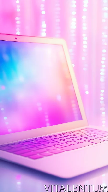 Laptop with neon pink gradient screen on glossy desk.