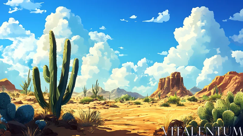 Digital depiction of arid desert plain with cacti and mesas