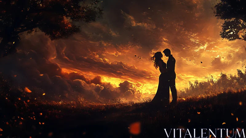 Silhouetted Couple Embracing Against Apocalyptic Inferno.
