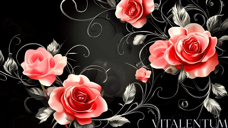 Voluminous Roses Against Black Background with Ornamental Vine Motifs.