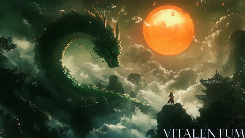 Green dragon coils in stormy sky before glowing orange sun.