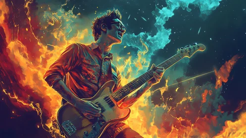 Electric guitarist ignites cosmic stage in vibrant digital flames