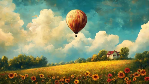 Sunlit balloon drifting above a daydream field of flowers.