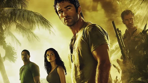 Tropical action survivors under golden stormlit jungle sky