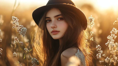 Young woman in field at sunset wearing wide brim hat.