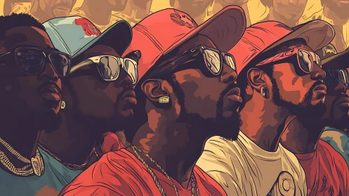 Vector-stylized portrait array of mirrored urban spectators.