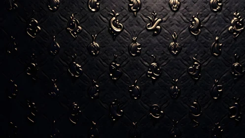 Elegant black leather wall with gold embossed baroque pattern.