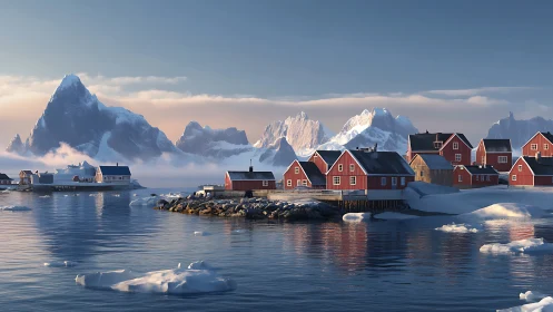 Harbor of red cottages resting beneath quiet arctic peaks.