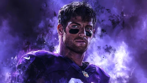 Purple-clad football player amid swirling vapor clouds.