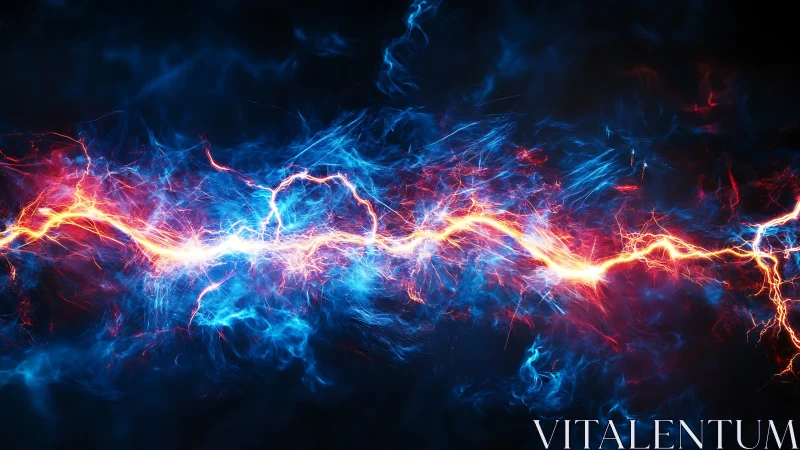 Electric energy arc splits neon blue plasma field.