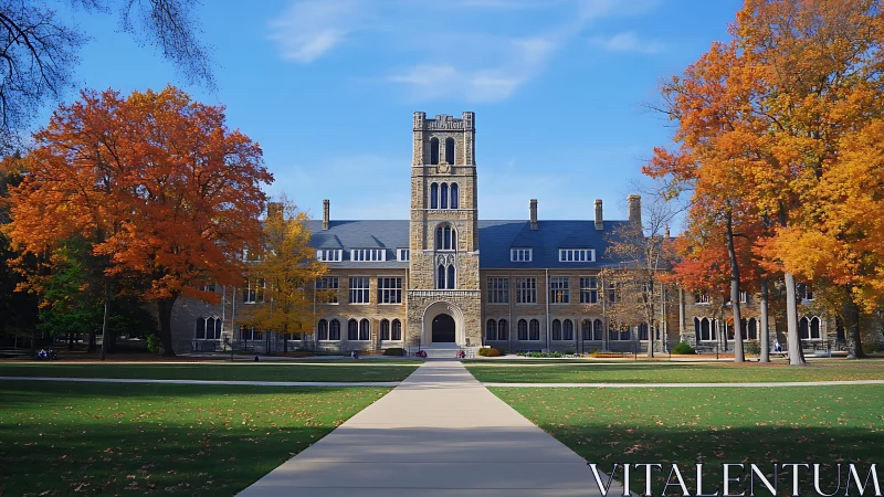 Historic stone campus hall framed by vivid autumn foliage.