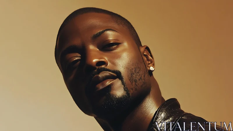Portrait showcases confident man under golden studio light.