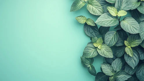 Green foliage cluster on turquoise background surface.