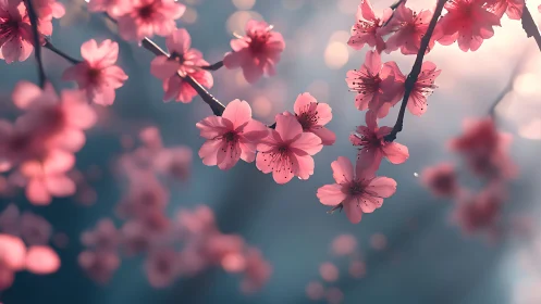 Pink Blossoms Drift Through Dreamlike Blue Reverie.
