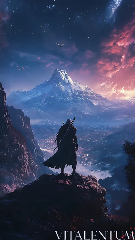 Lone cloaked warrior surveys a glowing fantasy mountain realm.
