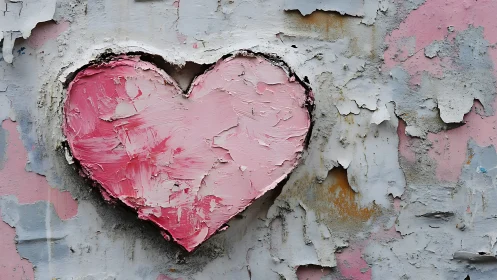 Pink heart painted on deteriorating white and gray plaster wall