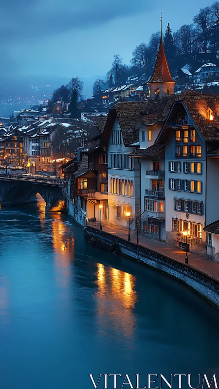 Blue hour riverside town with lit facades and steep spire
