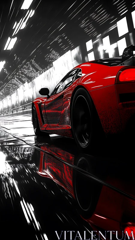 Red sports coupe accelerates through abstract neon tunnel